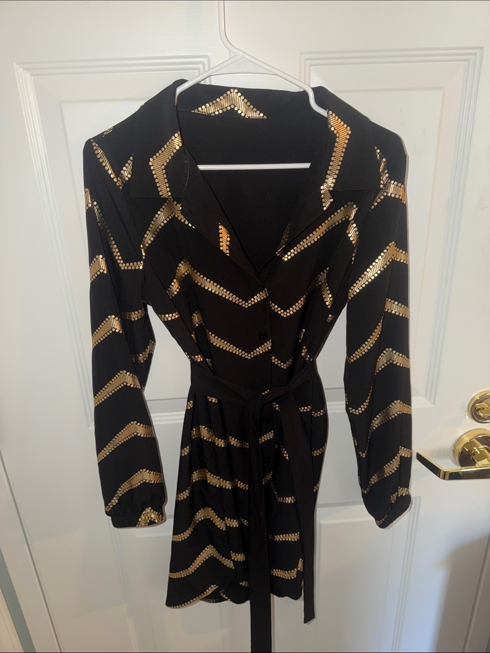 Black Long-Sleeve Shirt Dress with Gold Chevron Sequin Detail